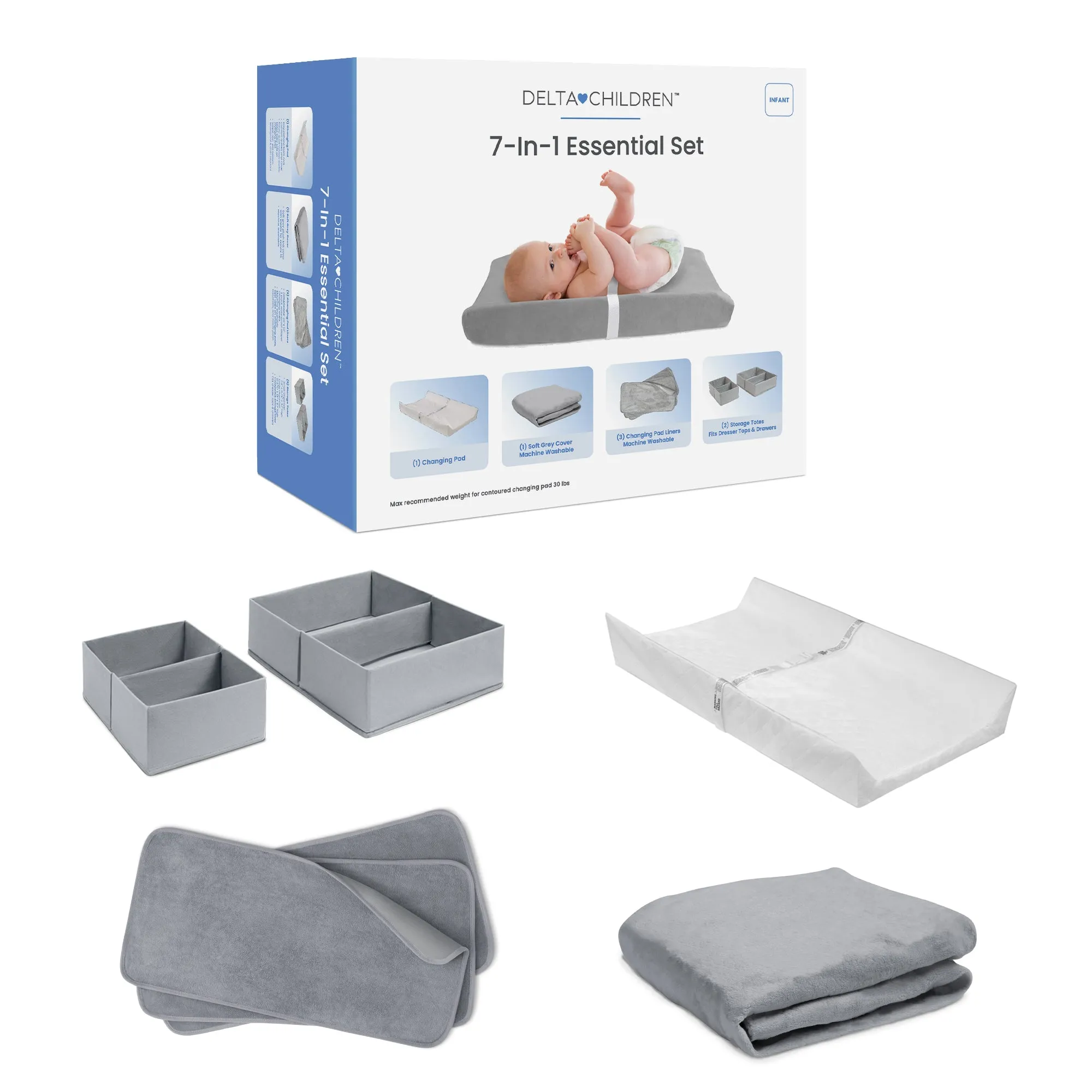 7-Piece Essential Changing Table Set - Newborn Baby Gift Set for Boys and Girls – Set Includes Changing Pad, Plush Changing Pad Cover, 3 Changing Pad Liners and 2 Storage Bins