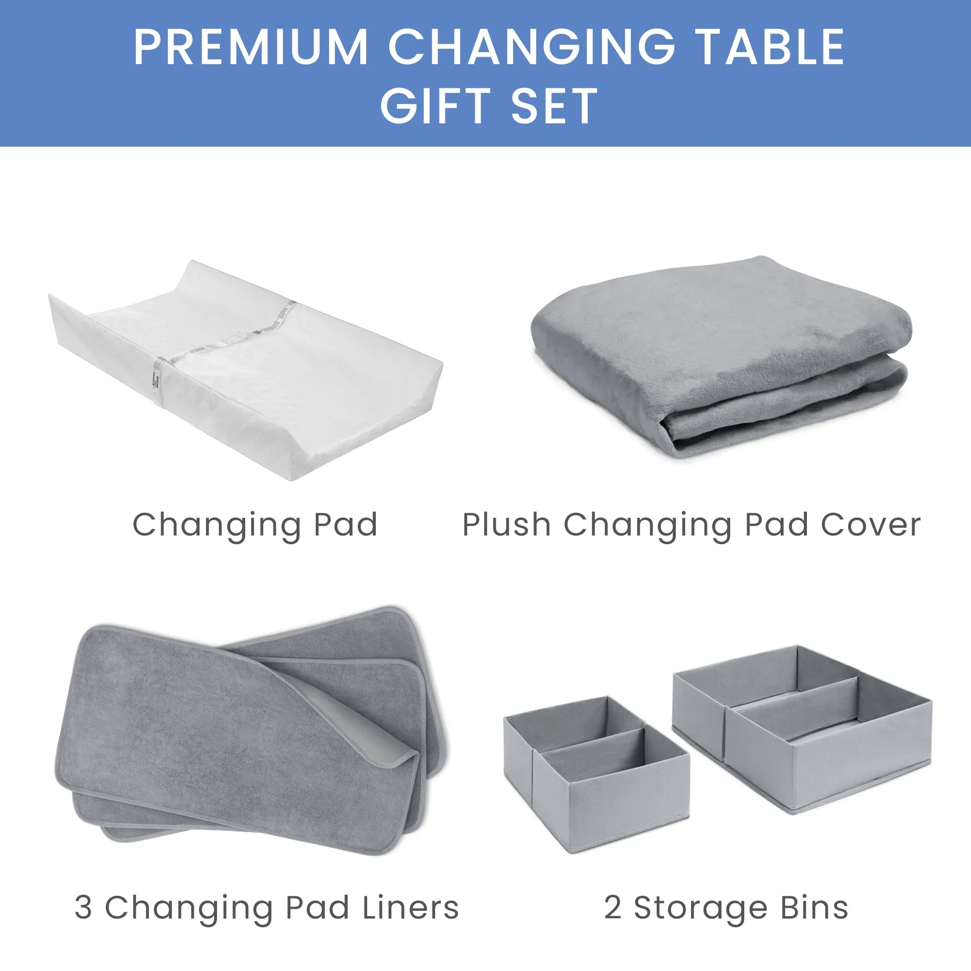 7-Piece Essential Changing Table Set - Newborn Baby Gift Set for Boys and Girls – Set Includes Changing Pad, Plush Changing Pad Cover, 3 Changing Pad Liners and 2 Storage Bins