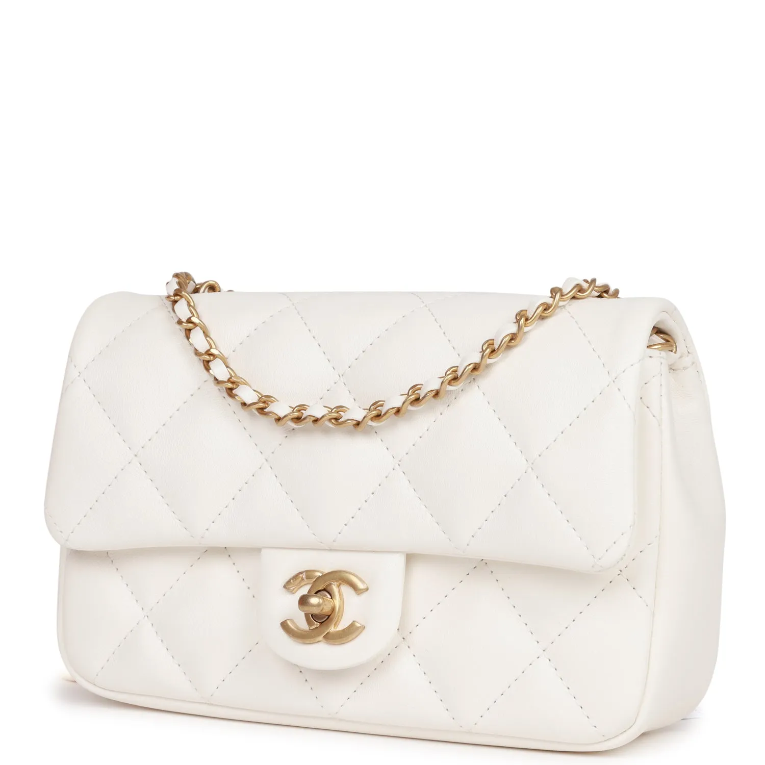 Chanel Mini Rectangular Flap Bag with Heart Chain White Lambskin Antique Gold Hardware