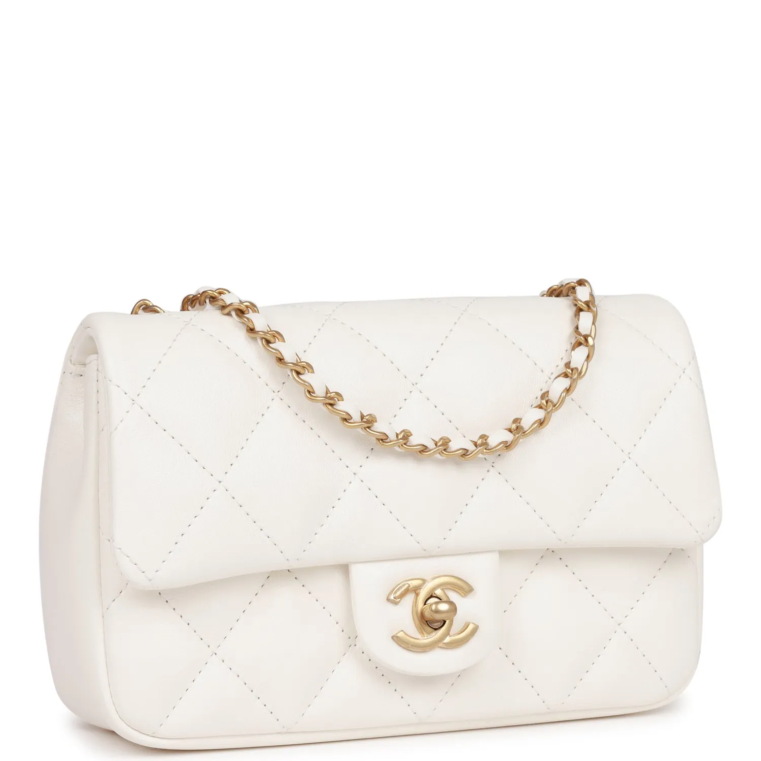 Chanel Mini Rectangular Flap Bag with Heart Chain White Lambskin Antique Gold Hardware