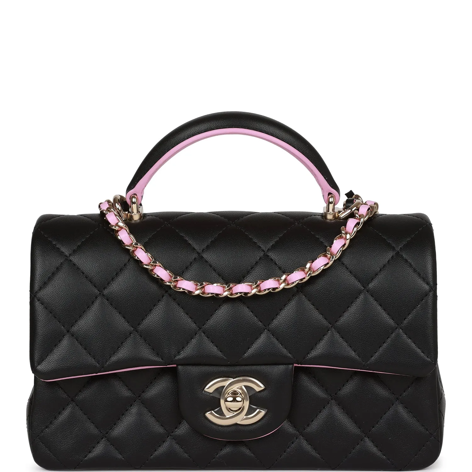 Chanel Mini Rectangular Flap Bag with Top Handle Black and Pink Lambskin Light Gold Hardware