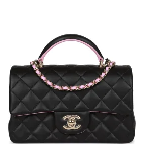 Chanel Mini Rectangular Flap Bag with Top Handle Black and Pink Lambskin Light Gold Hardware