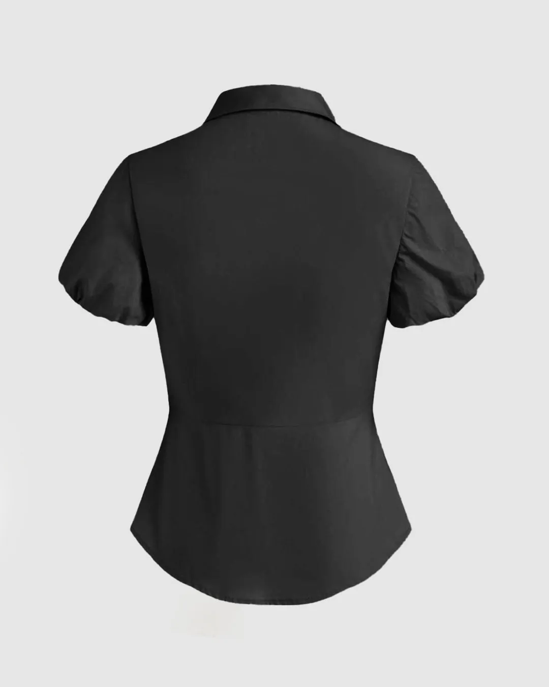 Collar Solid Button Puff Sleeve Black Shirt