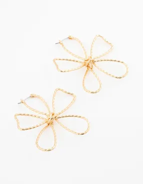 Gold Plated Textured Wire Flower Statement Earrings