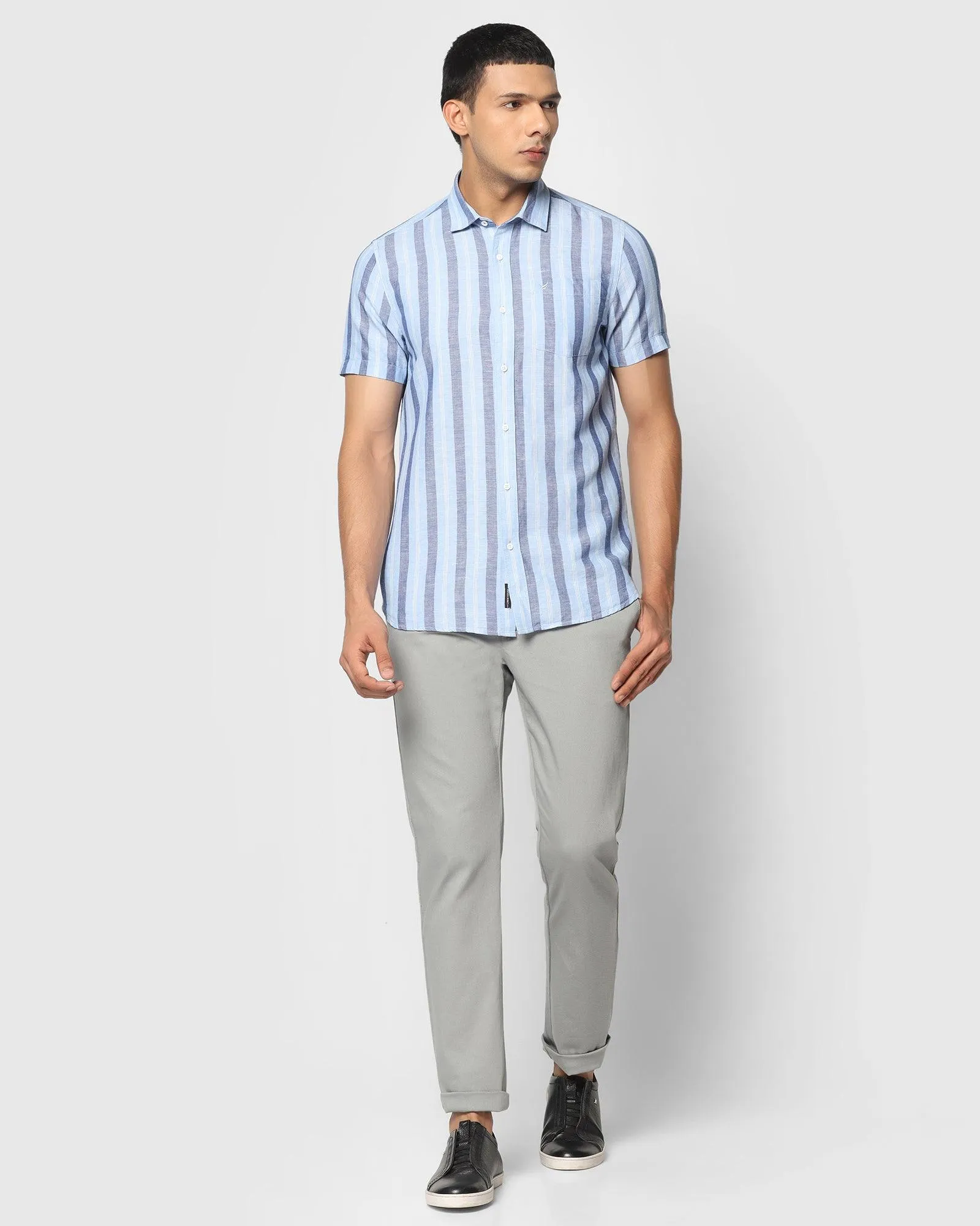 Linen Formal Half Sleeve Blue Striped Shirt - Kojima