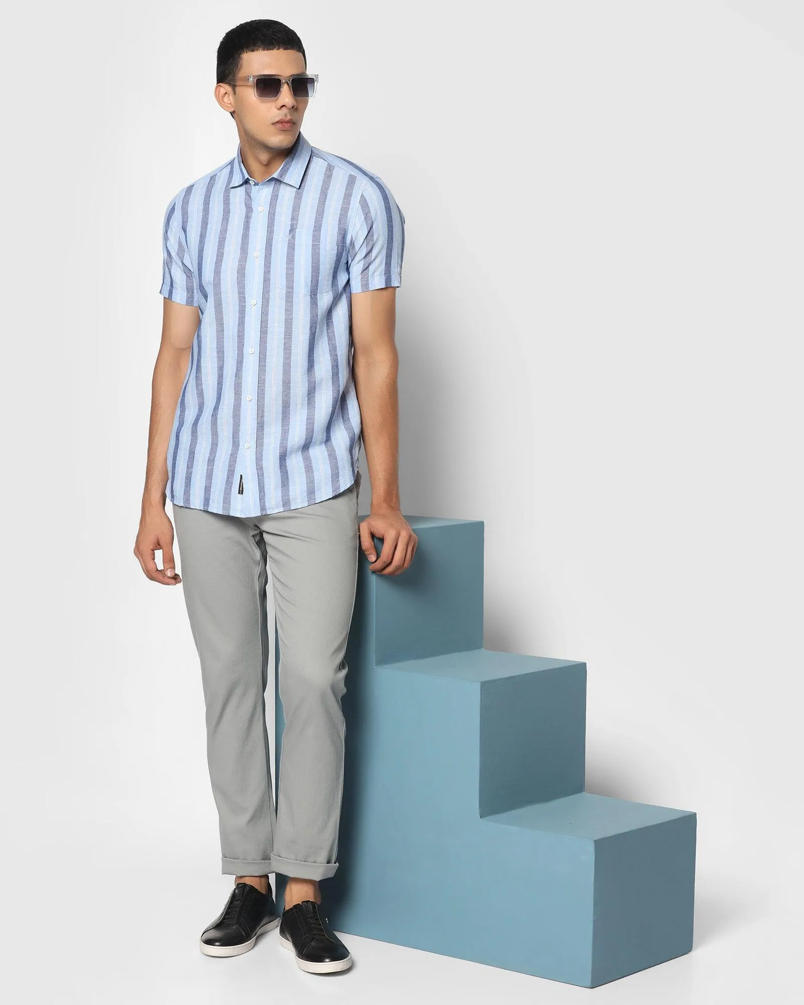 Linen Formal Half Sleeve Blue Striped Shirt - Kojima