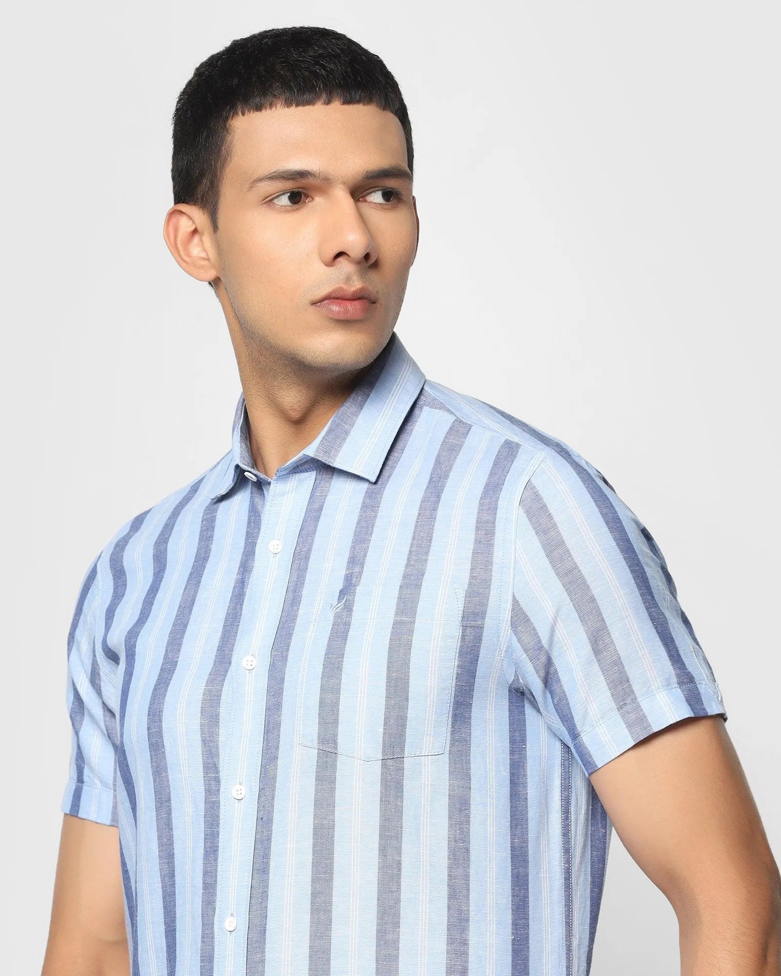 Linen Formal Half Sleeve Blue Striped Shirt - Kojima