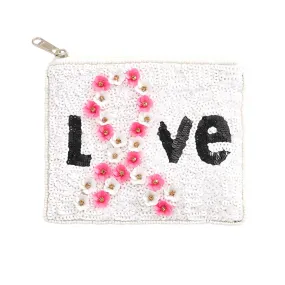 Love Message Sequin Flower Pink Ribbon Mini Pouch Bag