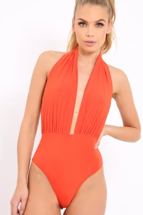 Orange Plunge Halterneck Bodysuit - Lona