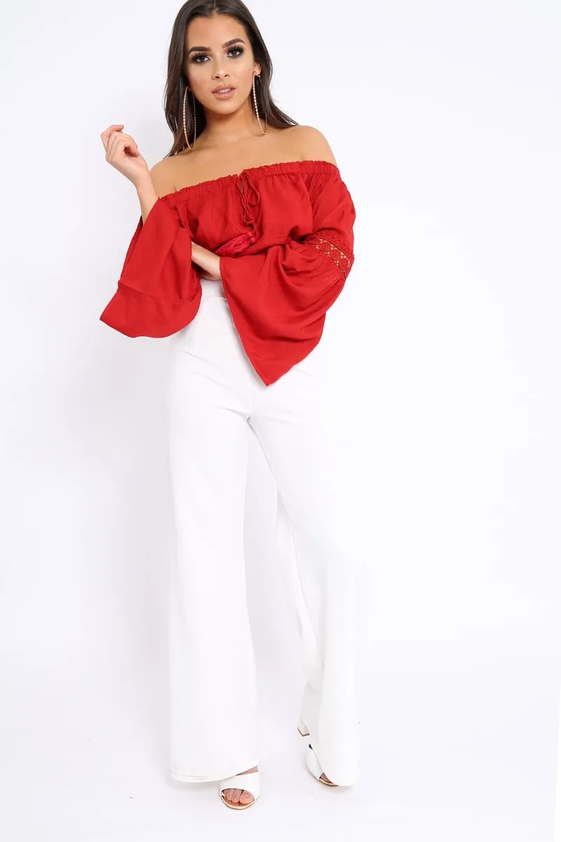 Red Gypsy Bardot Crop Top with Key Hole Tie Front - Kaitlin