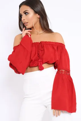 Red Gypsy Bardot Crop Top with Key Hole Tie Front - Kaitlin