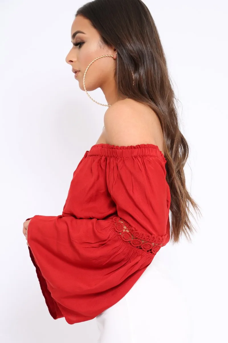 Red Gypsy Bardot Crop Top with Key Hole Tie Front - Kaitlin