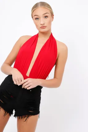 Red plunge Halterneck Bodysuit - Lona