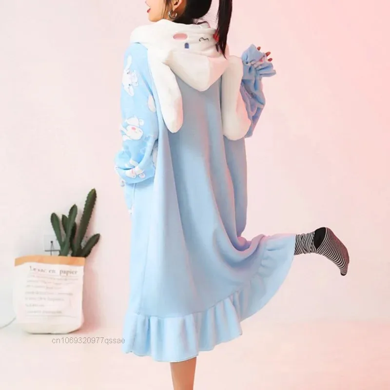 Sanrio Cinnamoroll 2-Piece Pajamas Set – Women's Cotton Plush Hooded Pajamas, Autumn/Winter Cartoon Flannel, Student Home Clothes