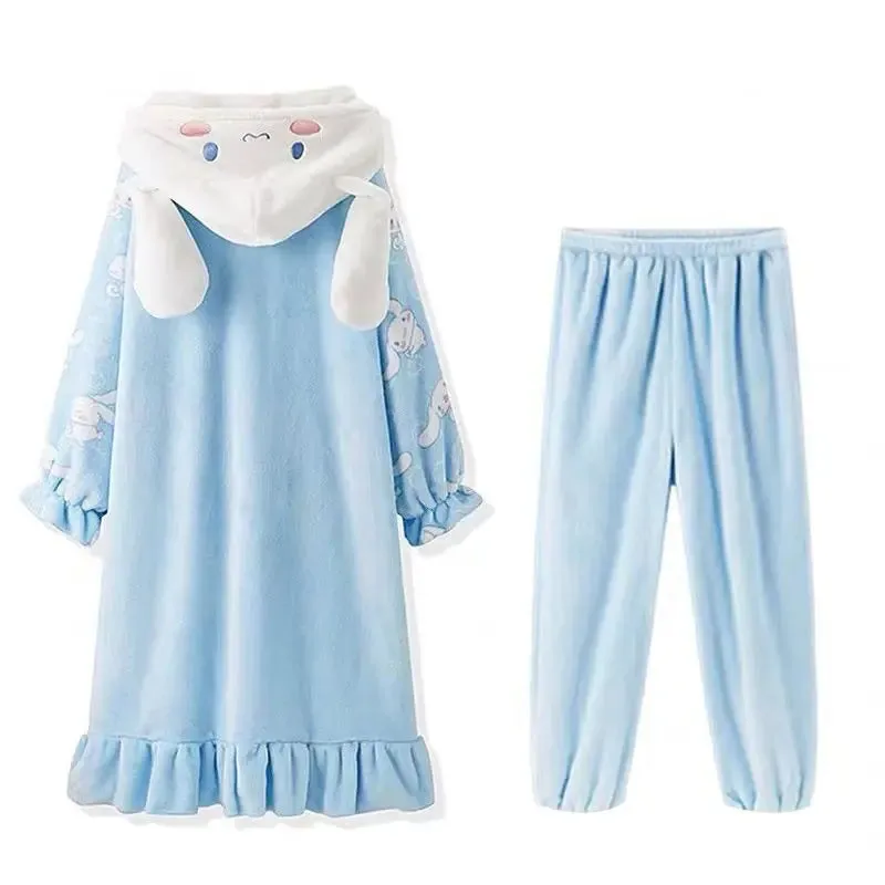 Sanrio Cinnamoroll 2-Piece Pajamas Set – Women's Cotton Plush Hooded Pajamas, Autumn/Winter Cartoon Flannel, Student Home Clothes