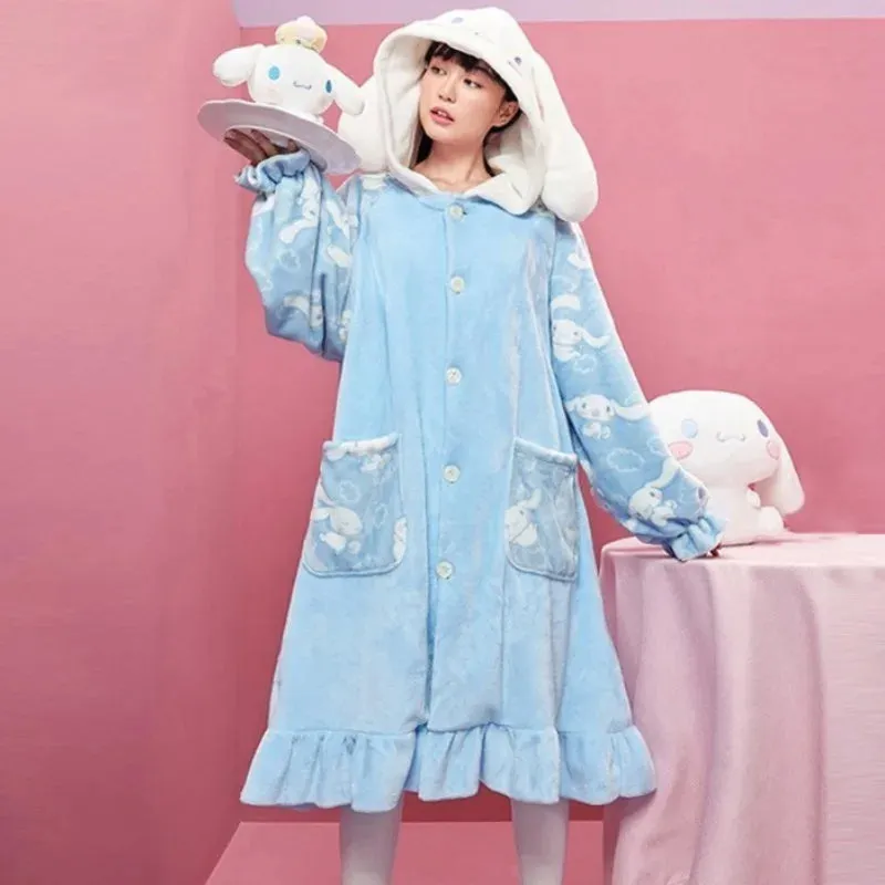 Sanrio Cinnamoroll 2-Piece Pajamas Set – Women's Cotton Plush Hooded Pajamas, Autumn/Winter Cartoon Flannel, Student Home Clothes