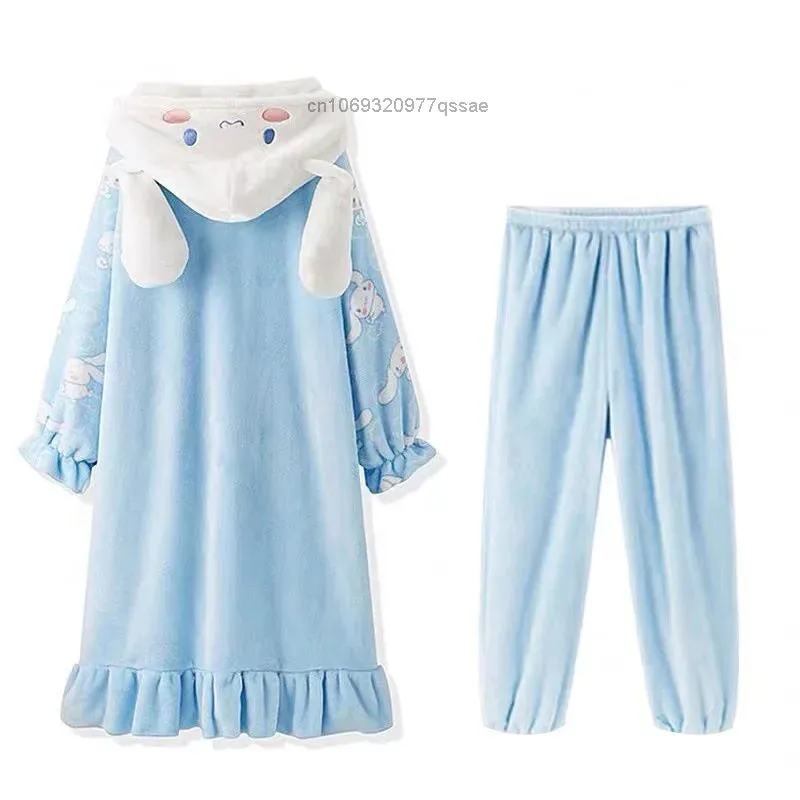 Sanrio Cinnamoroll 2-Piece Pajamas Set – Women's Cotton Plush Hooded Pajamas, Autumn/Winter Cartoon Flannel, Student Home Clothes