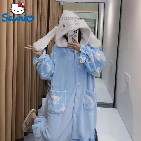 Sanrio Cinnamoroll 2-Piece Pajamas Set – Women's Cotton Plush Hooded Pajamas, Autumn/Winter Cartoon Flannel, Student Home Clothes