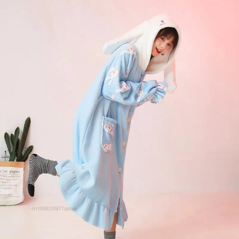 Sanrio Cinnamoroll 2-Piece Pajamas Set – Women's Cotton Plush Hooded Pajamas, Autumn/Winter Cartoon Flannel, Student Home Clothes