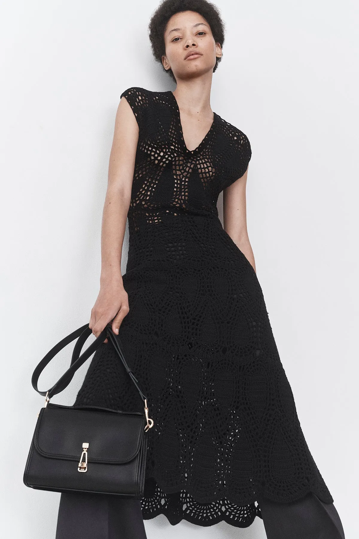 Waldman Crochet Maxi Dress in Black Wool Cashmere