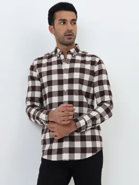 WES Casuals Brown Checkered Slim-Fit Cotton Shirt