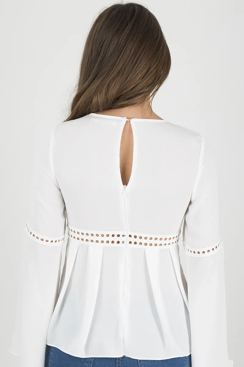 White Crochet Detail Bell Sleeve Top - Catrina